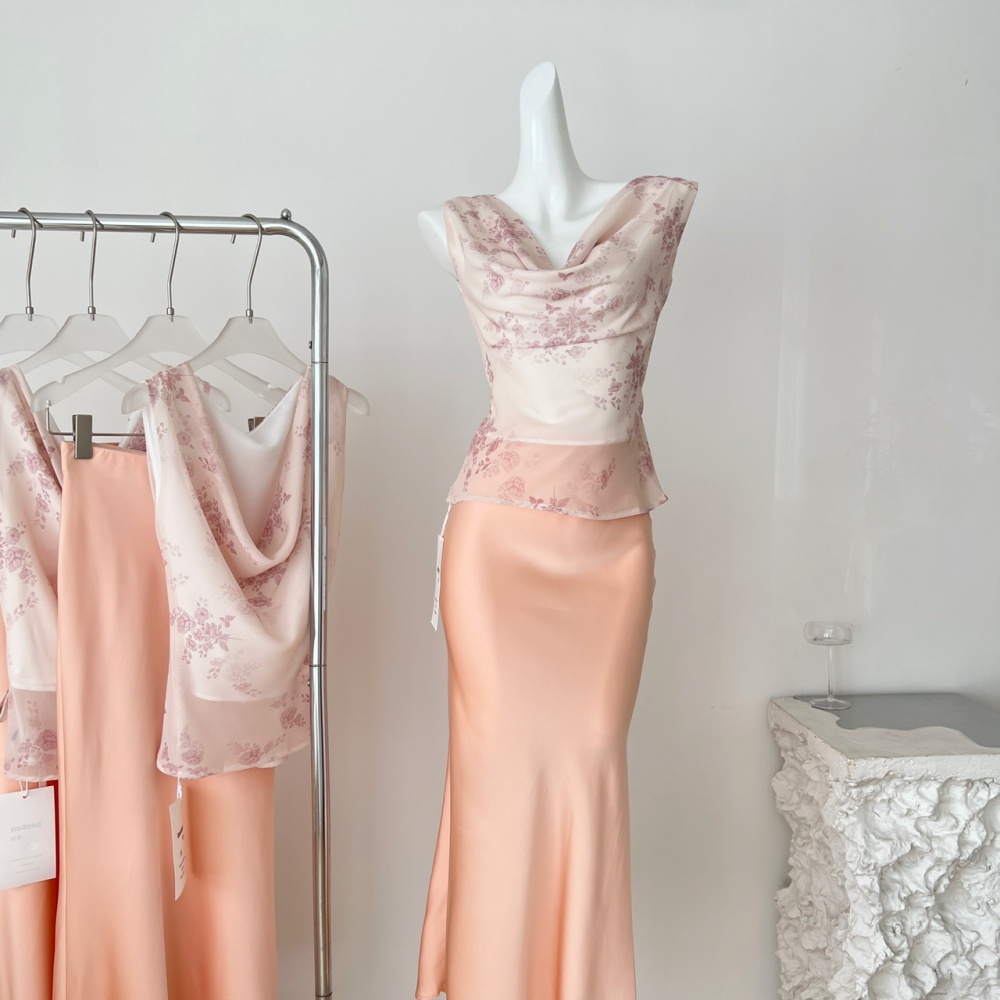 Pinched waist romantic tops summer skirt a set