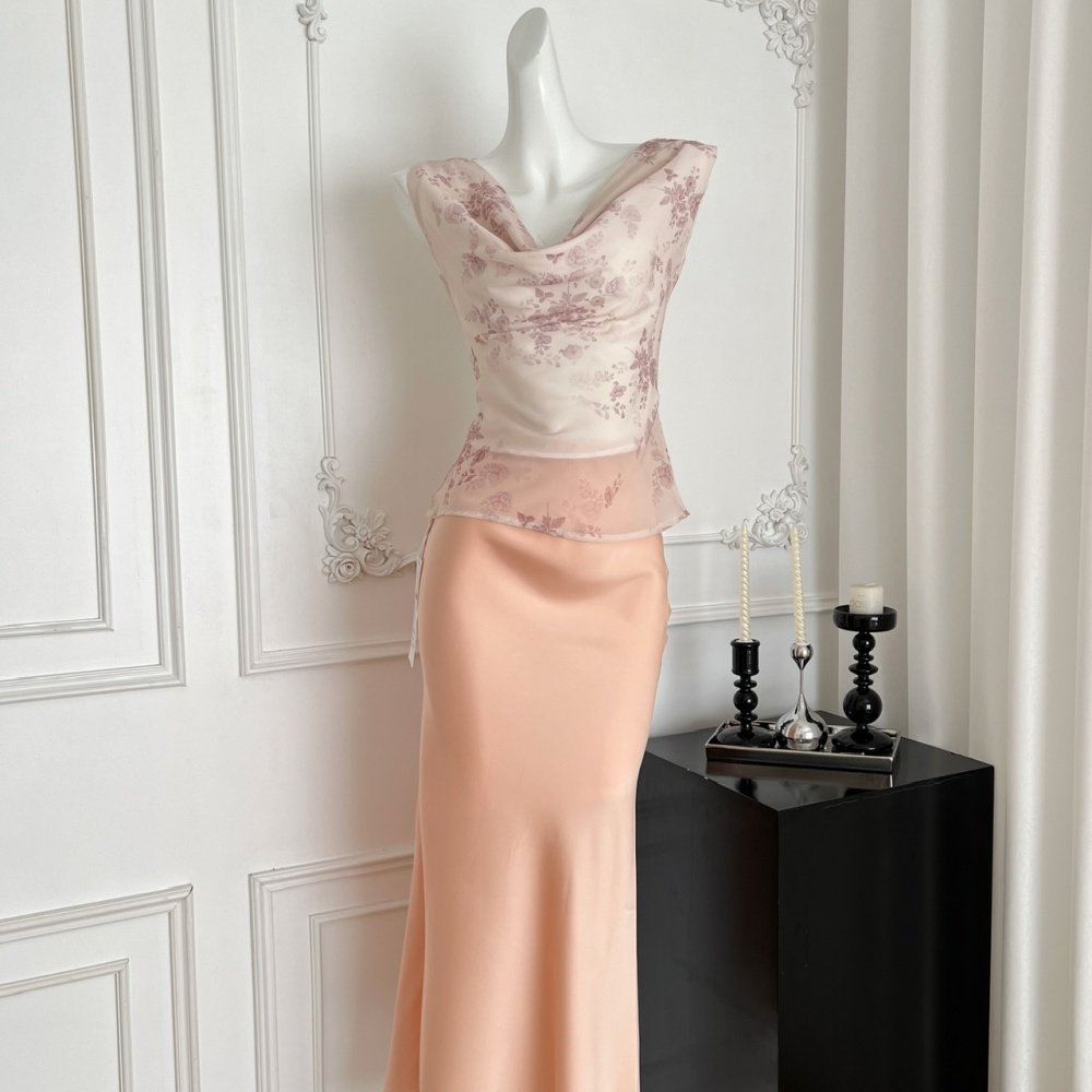 Pinched waist romantic tops summer skirt a set