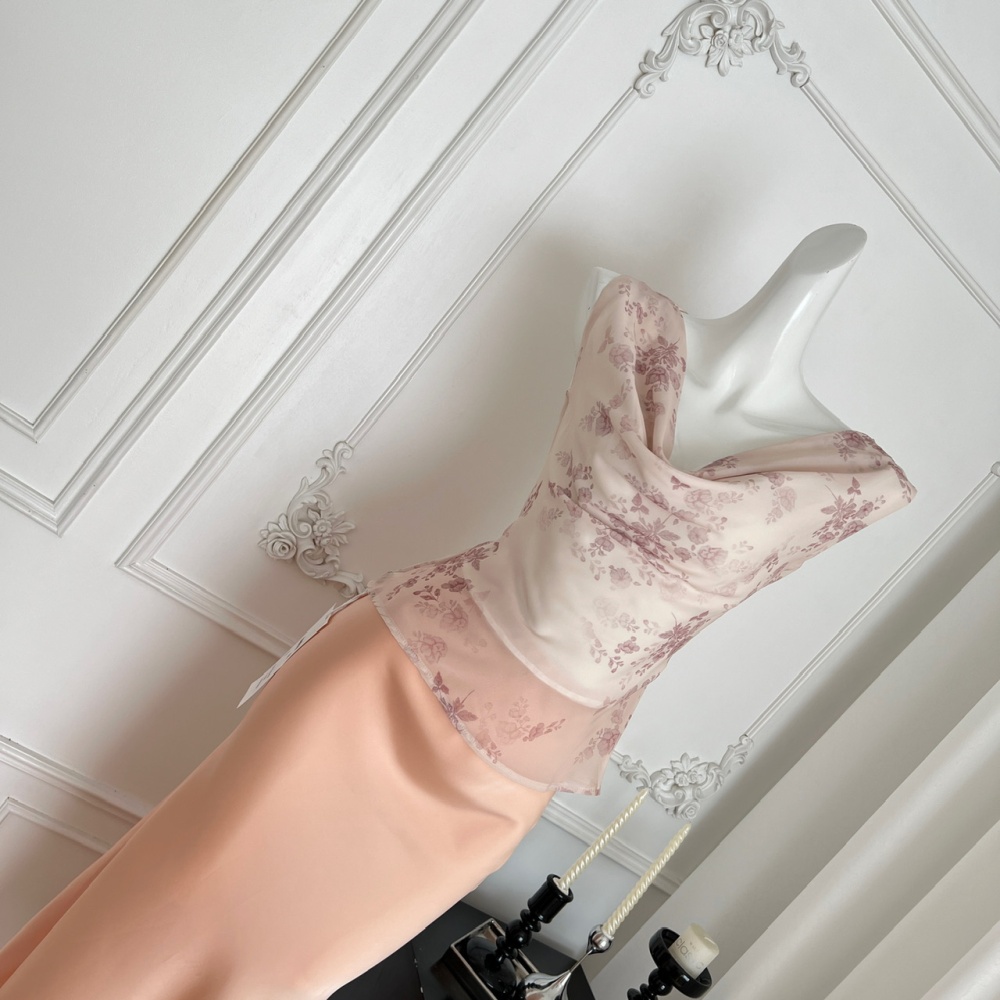Pinched waist romantic tops summer skirt a set