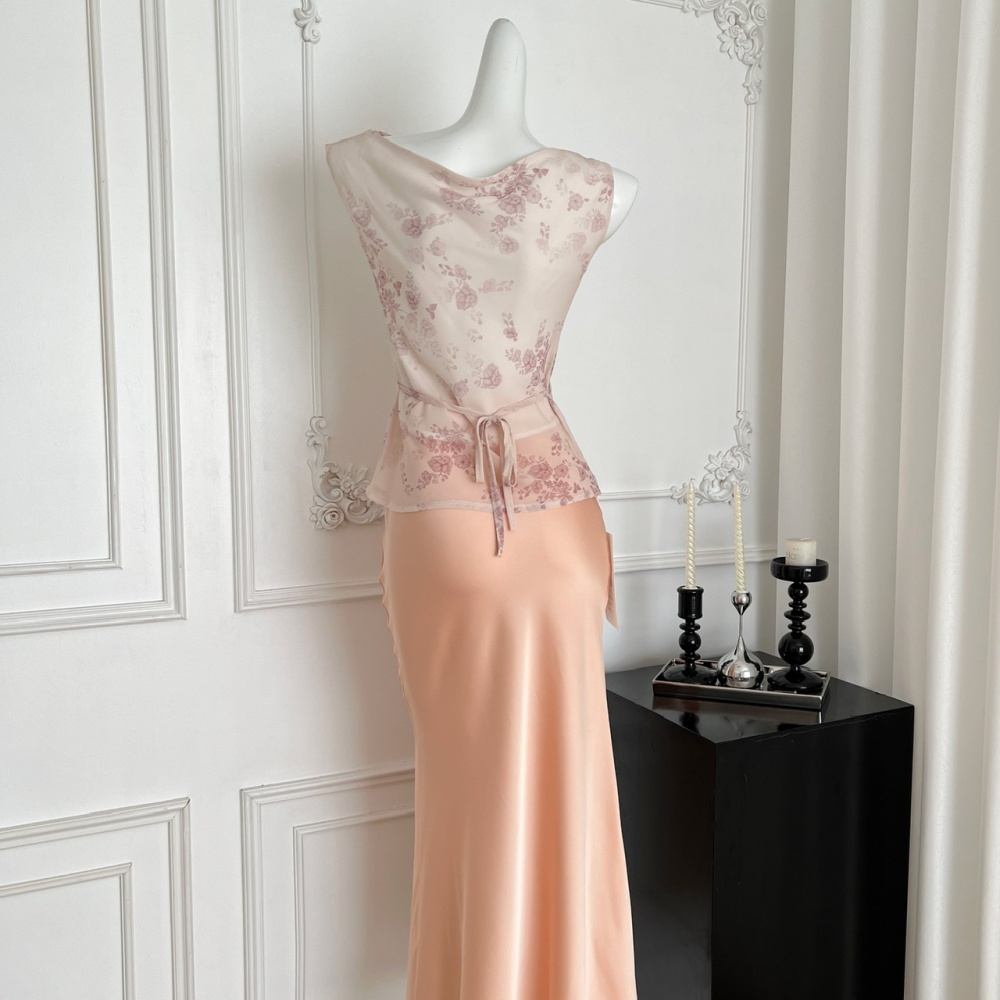 Pinched waist romantic tops summer skirt a set