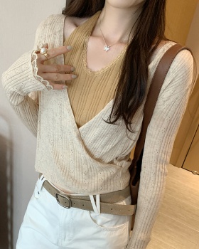 Lace long sleeve halter tops sweet Pseudo-two sweater for women