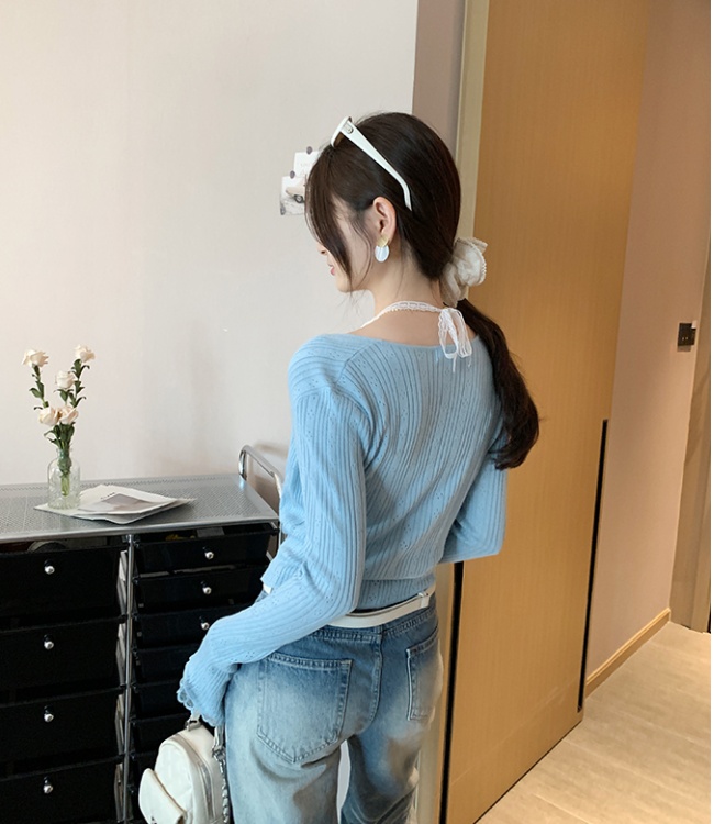 Lace long sleeve halter tops sweet Pseudo-two sweater for women