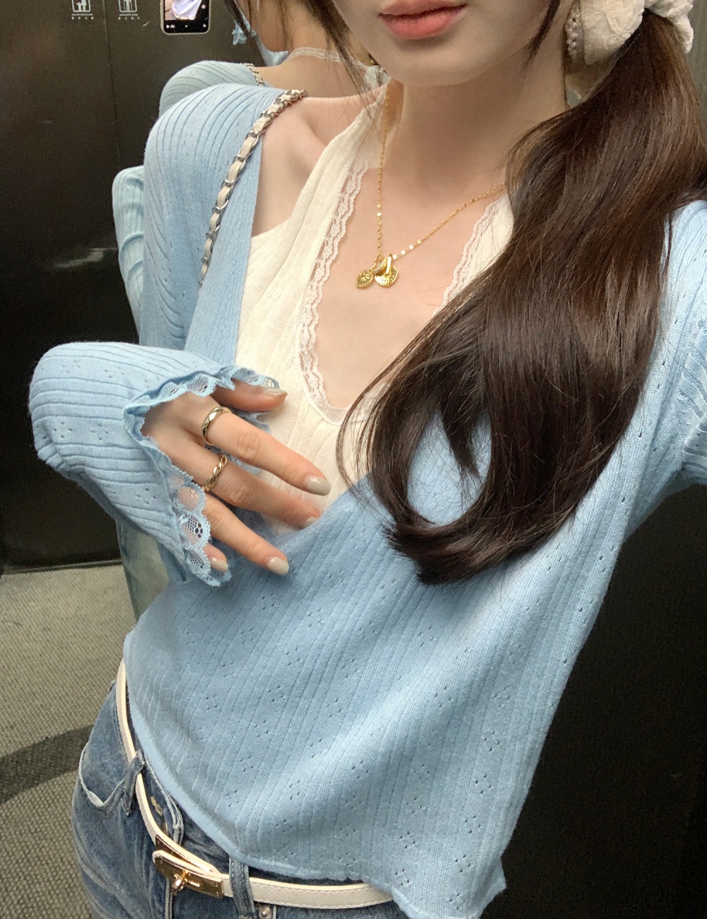 Lace long sleeve halter tops sweet Pseudo-two sweater for women