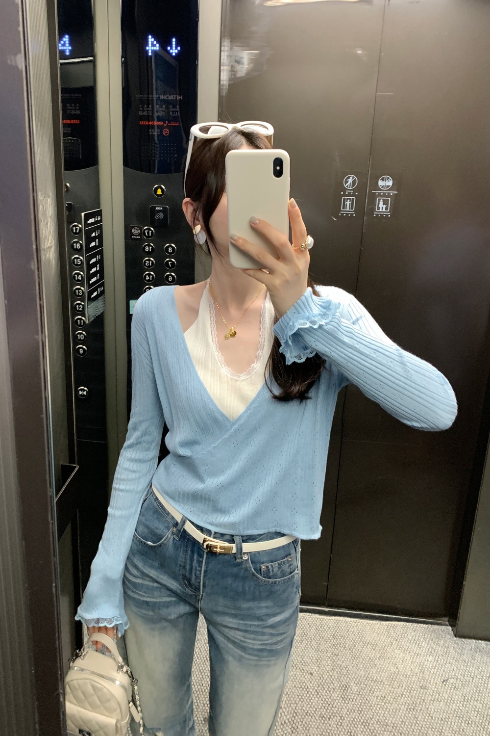 Lace long sleeve halter tops sweet Pseudo-two sweater for women