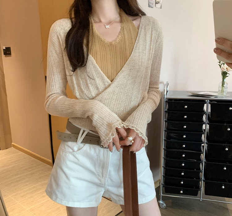 Lace long sleeve halter tops sweet Pseudo-two sweater for women