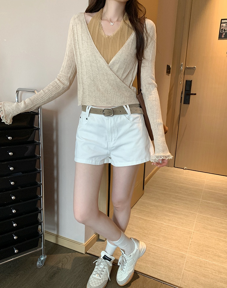 Lace long sleeve halter tops sweet Pseudo-two sweater for women