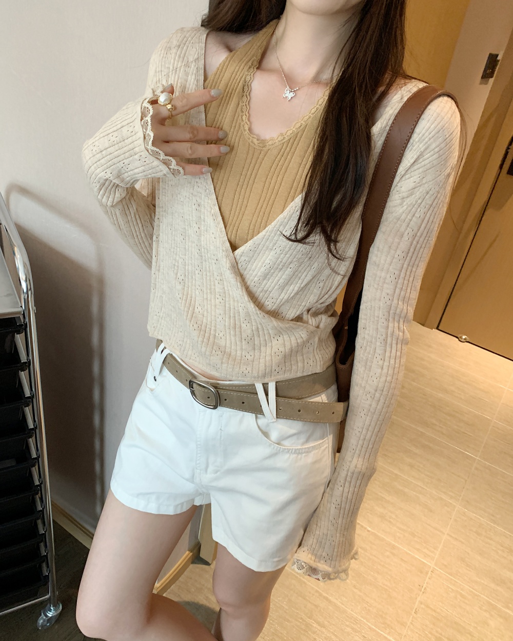 Lace long sleeve halter tops sweet Pseudo-two sweater for women