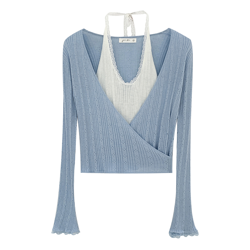 Lace long sleeve halter tops sweet Pseudo-two sweater for women