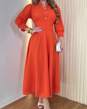 European style pure V-neck A-line buckle dress