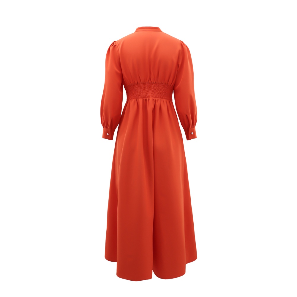 European style pure V-neck A-line buckle dress