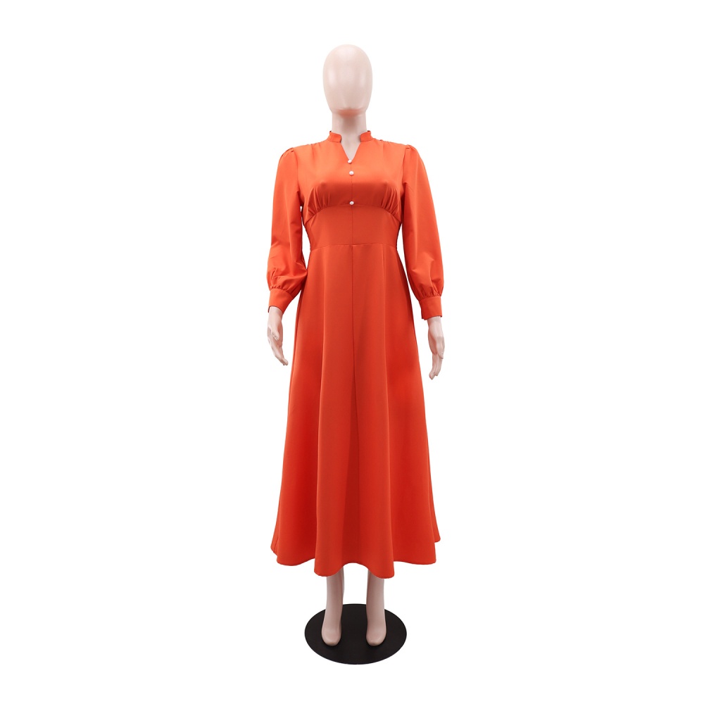 European style pure V-neck A-line buckle dress