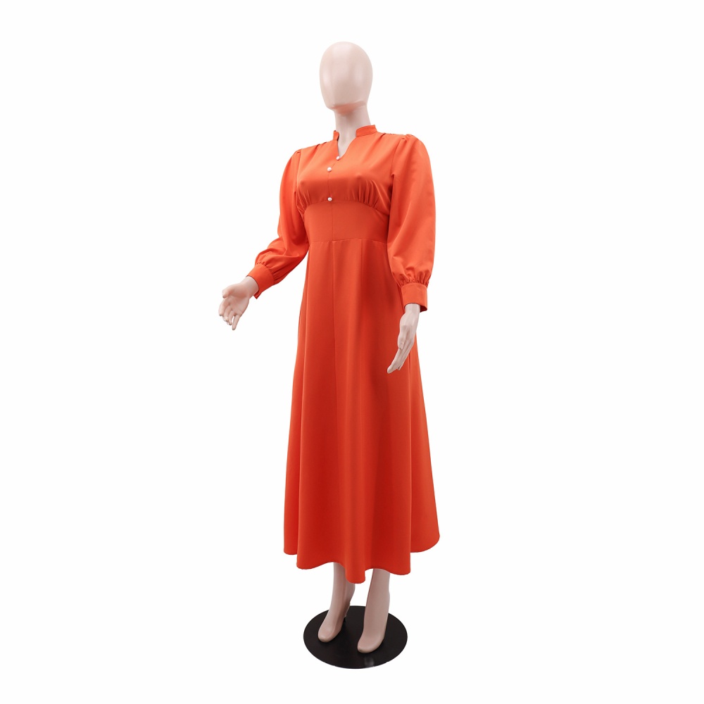 European style pure V-neck A-line buckle dress
