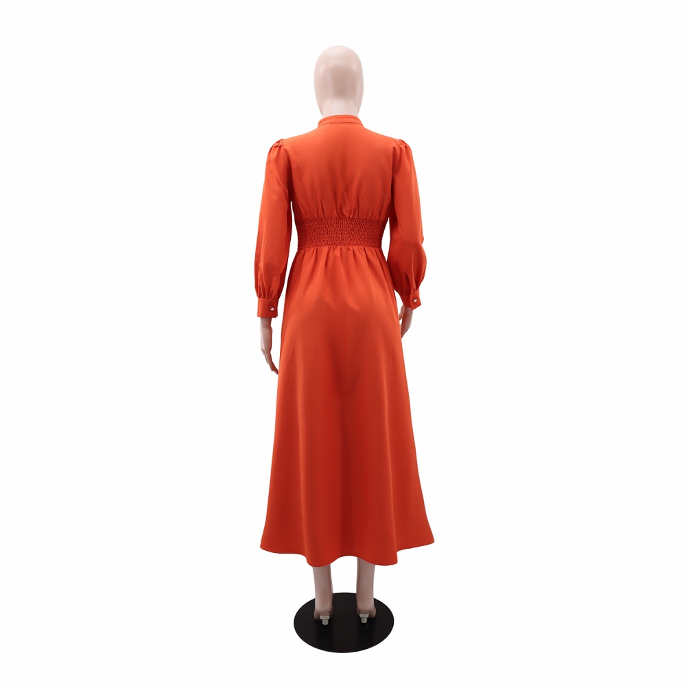 European style pure V-neck A-line buckle dress