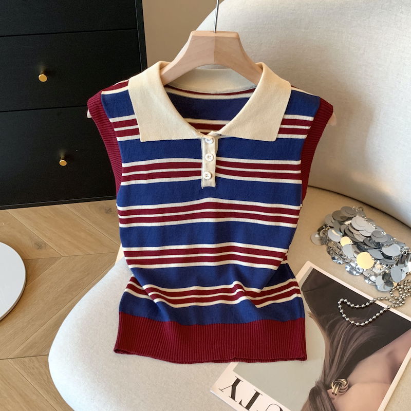 Korean style stripe ice silk retro vest for women
