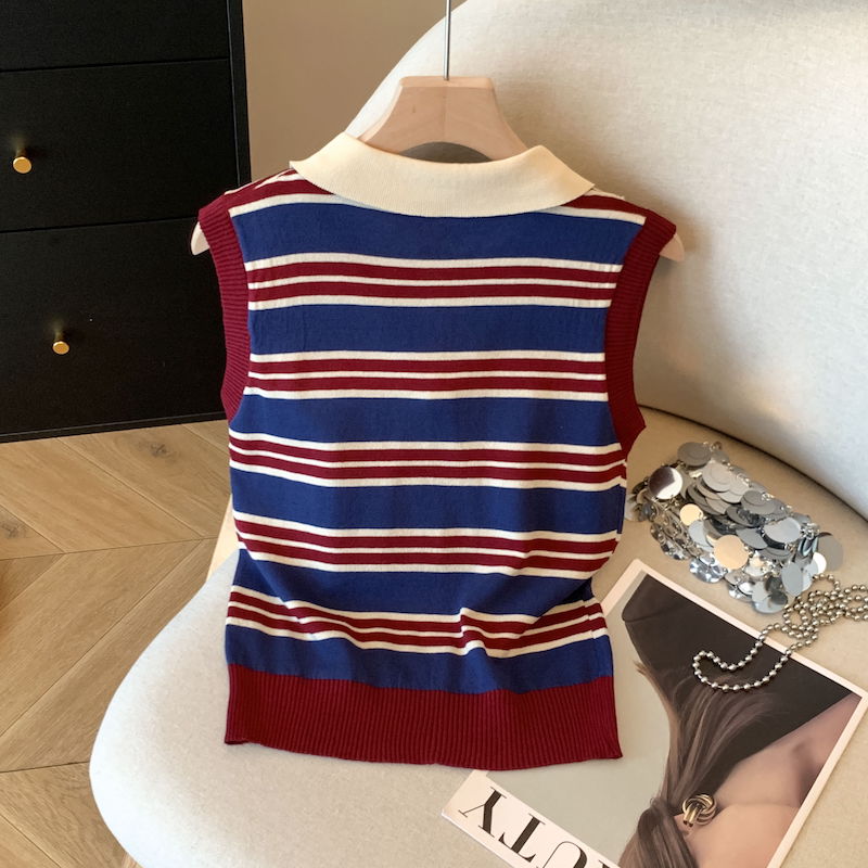 Korean style stripe ice silk retro vest for women