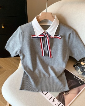 Bow lapel short Pseudo-two knitted T-shirt
