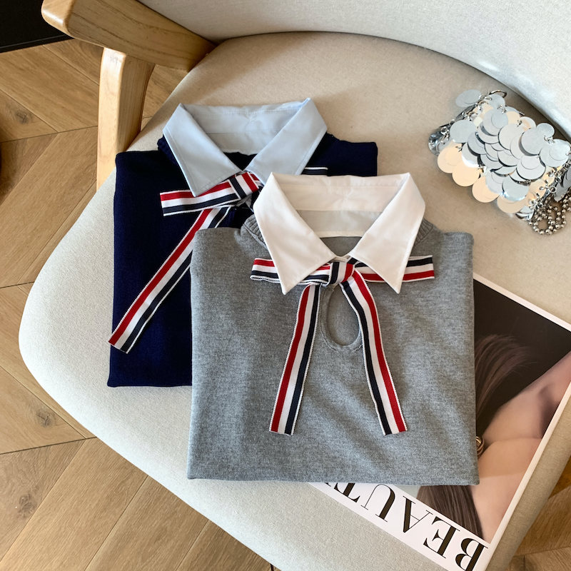 Bow lapel short Pseudo-two knitted T-shirt