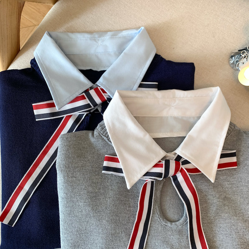 Bow lapel short Pseudo-two knitted T-shirt