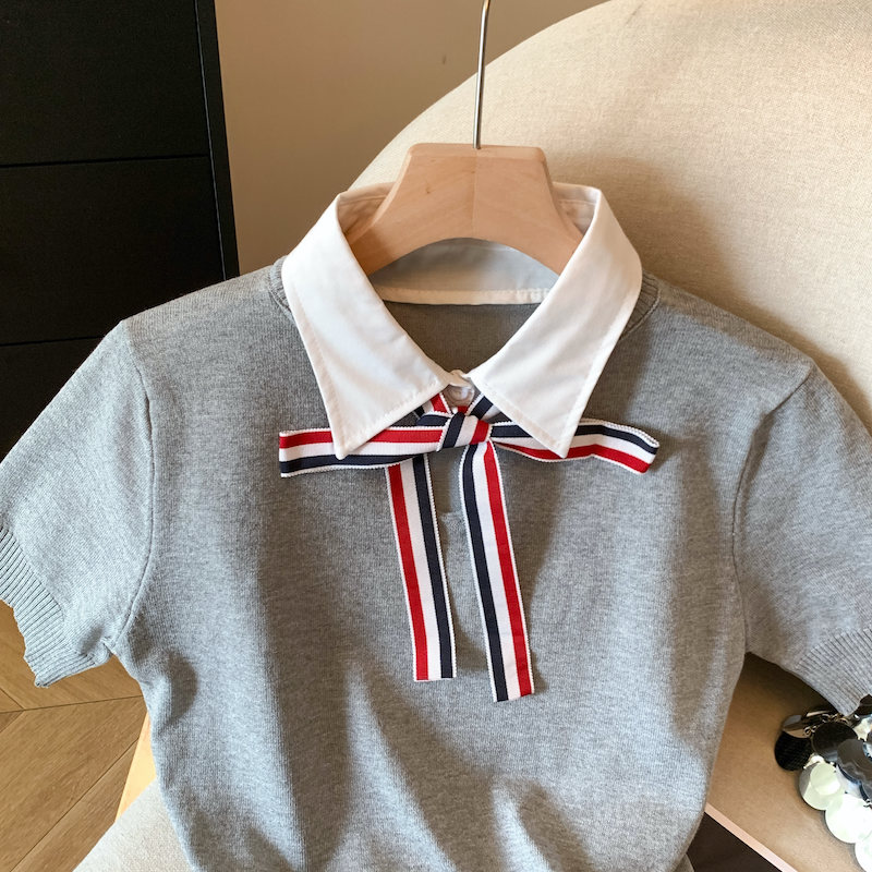Bow lapel short Pseudo-two knitted T-shirt
