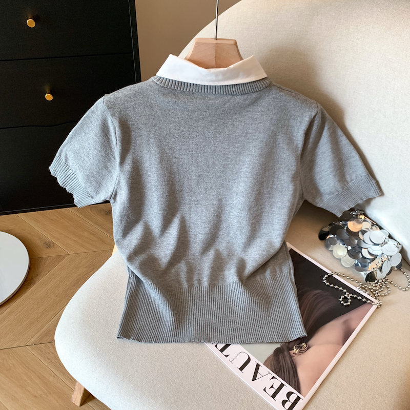 Bow lapel short Pseudo-two knitted T-shirt