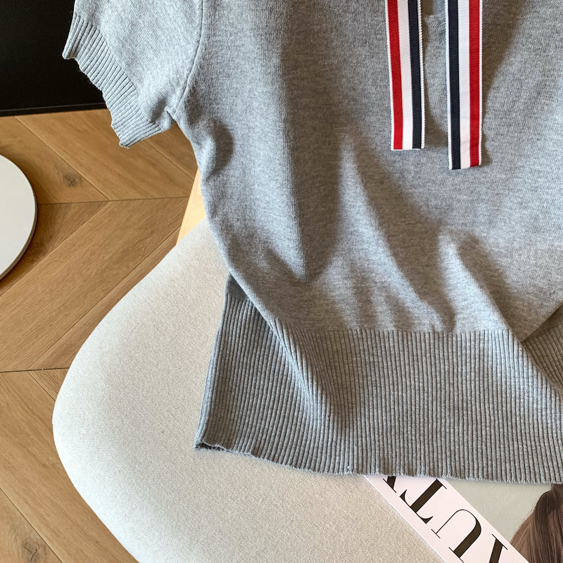 Bow lapel short Pseudo-two knitted T-shirt
