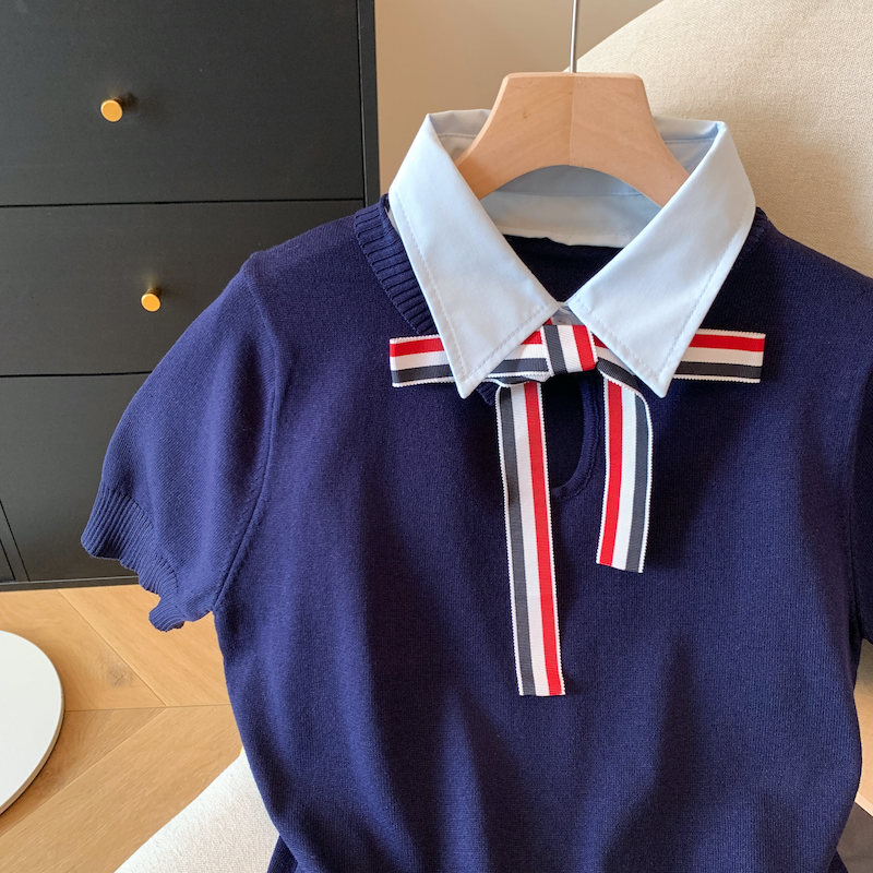 Bow lapel short Pseudo-two knitted T-shirt