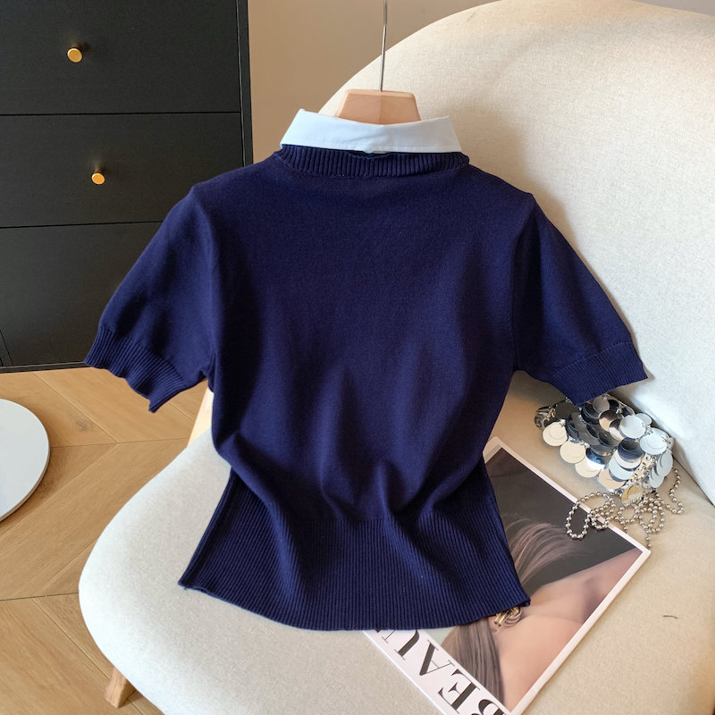 Bow lapel short Pseudo-two knitted T-shirt