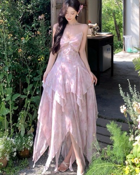 Blooming splice printing long dress lace pink vacation dress