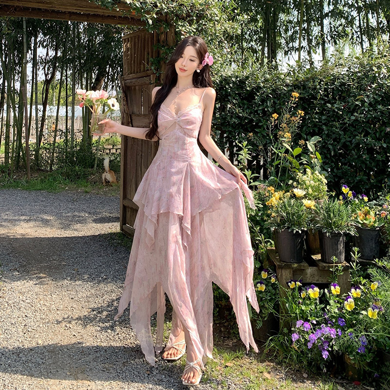 Blooming splice printing long dress lace pink vacation dress
