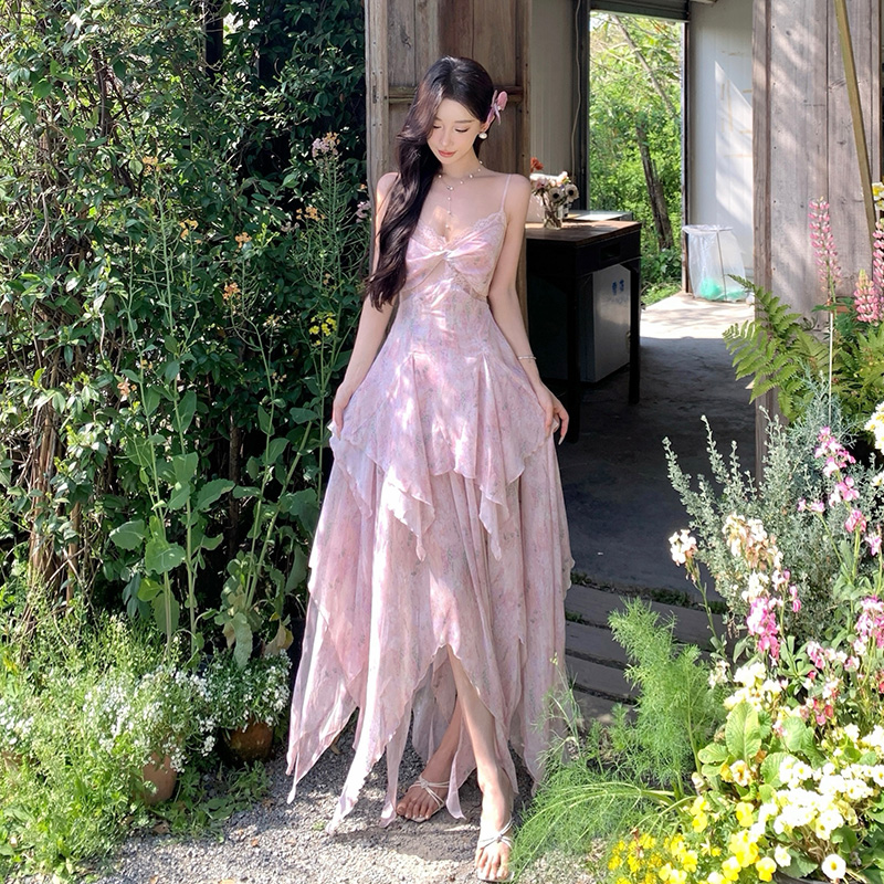 Blooming splice printing long dress lace pink vacation dress