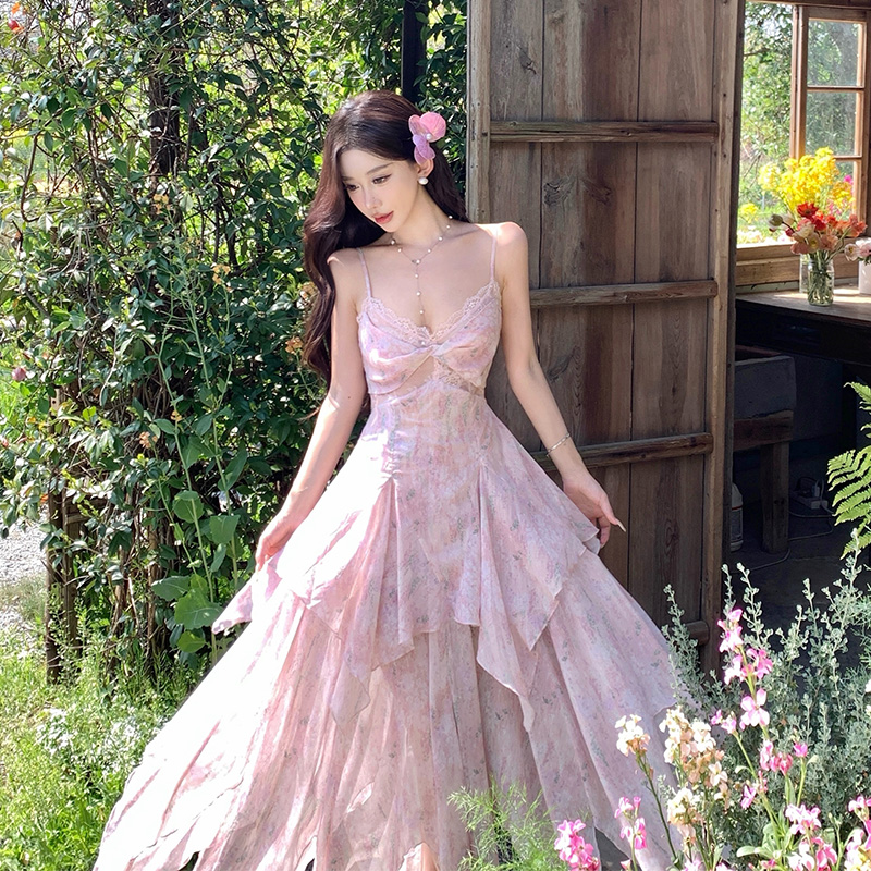 Blooming splice printing long dress lace pink vacation dress