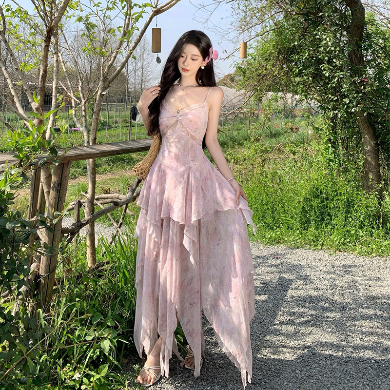 Blooming splice printing long dress lace pink vacation dress