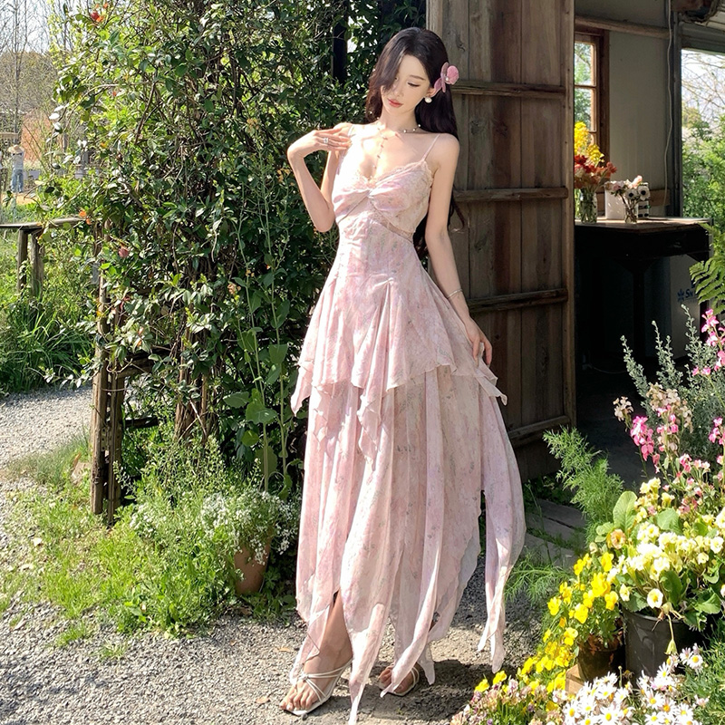 Blooming splice printing long dress lace pink vacation dress