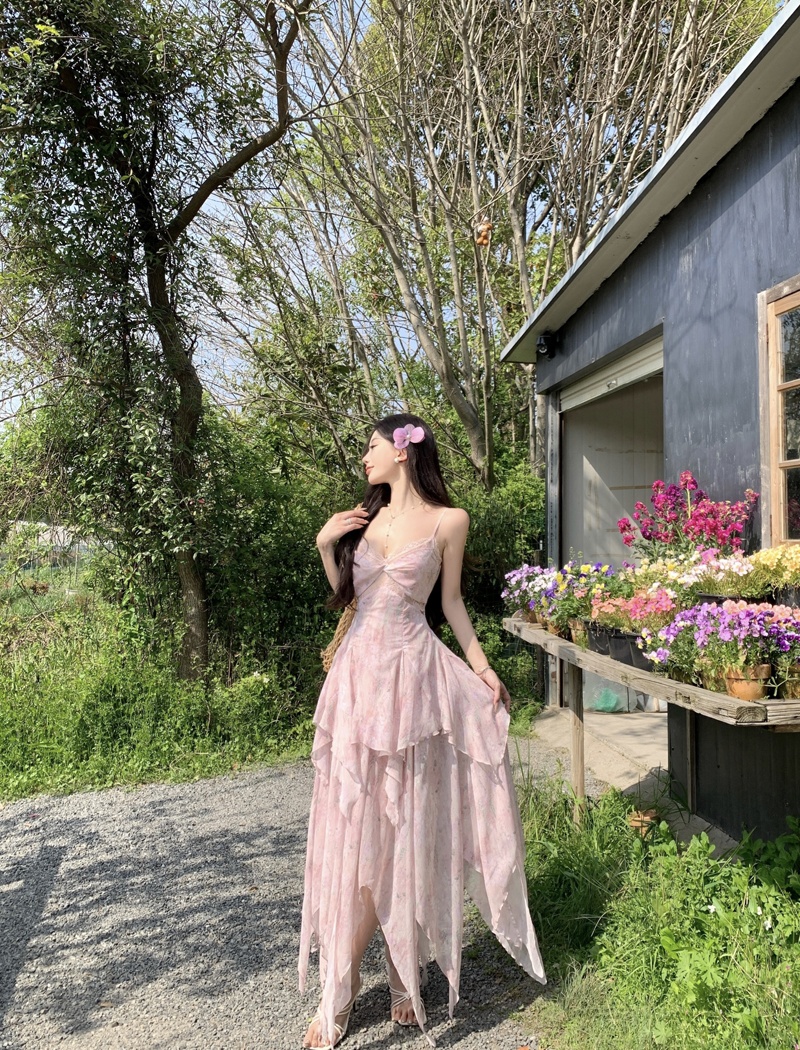 Blooming splice printing long dress lace pink vacation dress