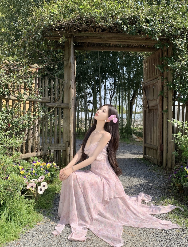 Blooming splice printing long dress lace pink vacation dress