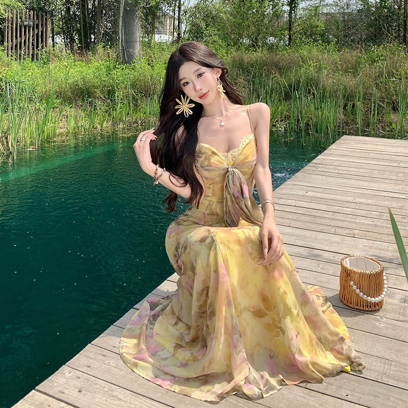 Chest pad dress vacation long dress