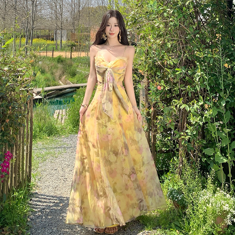 Chest pad dress vacation long dress