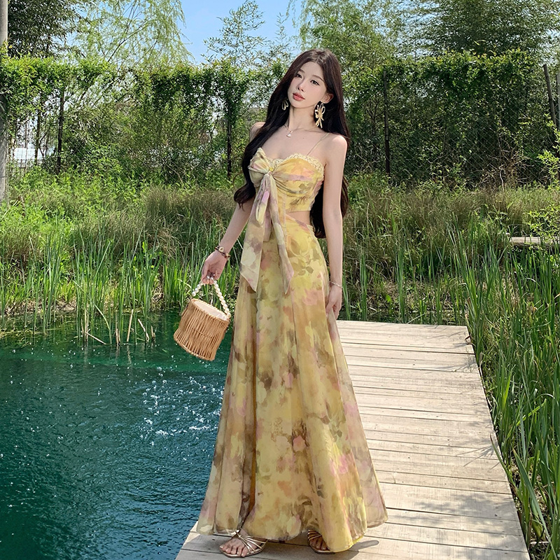 Chest pad dress vacation long dress
