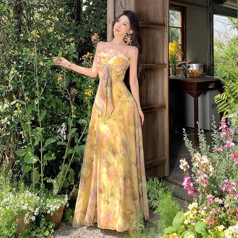 Chest pad dress vacation long dress