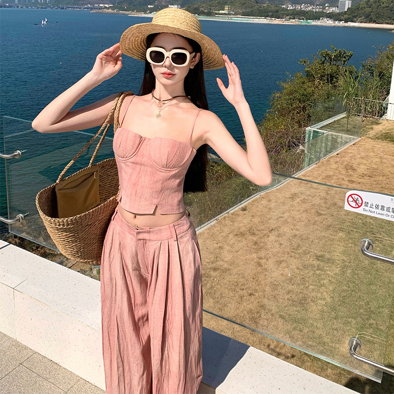 Summer adjustable vest pink casual pants a set for women