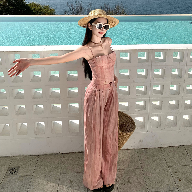 Summer adjustable vest pink casual pants a set for women