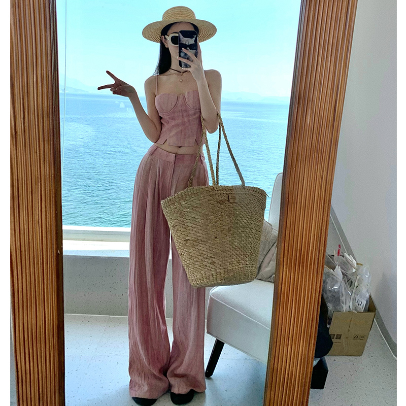 Summer adjustable vest pink casual pants a set for women
