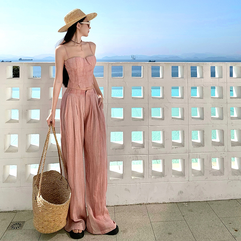 Summer adjustable vest pink casual pants a set for women
