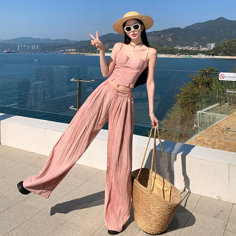 Summer adjustable vest pink casual pants a set for women