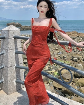 Streamer halter lotus leaf edges red blooming dress