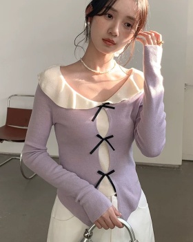 Bow doll collar tops Pseudo-two slim sweater for women