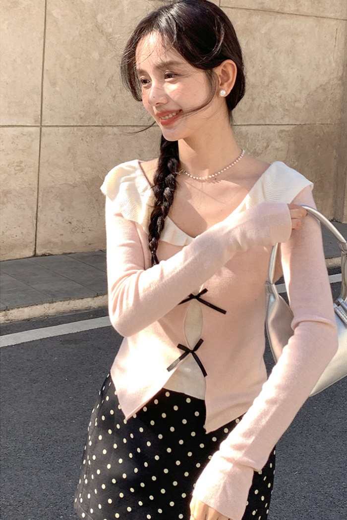 Bow doll collar tops Pseudo-two slim sweater for women