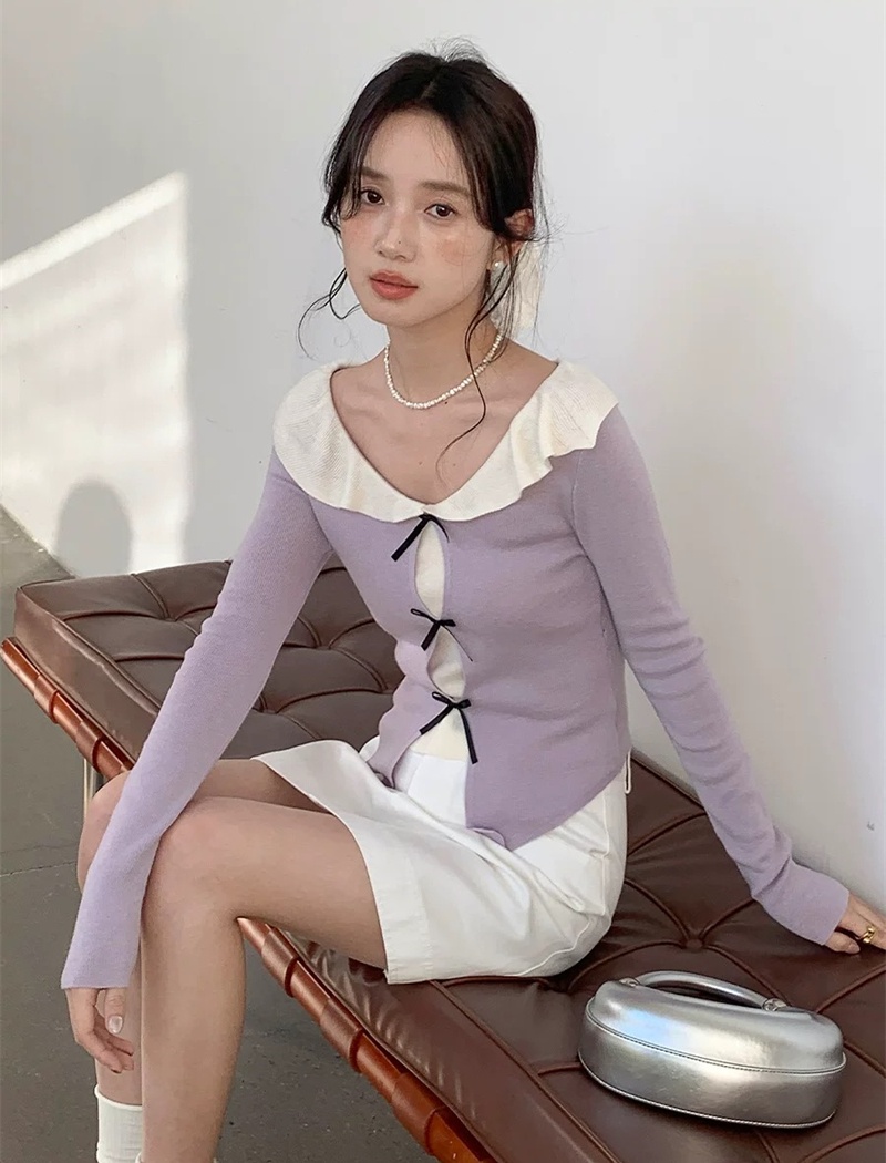 Bow doll collar tops Pseudo-two slim sweater for women