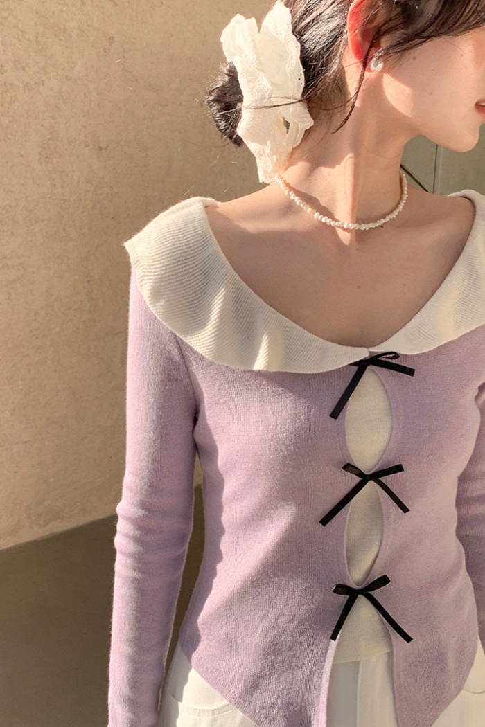 Bow doll collar tops Pseudo-two slim sweater for women