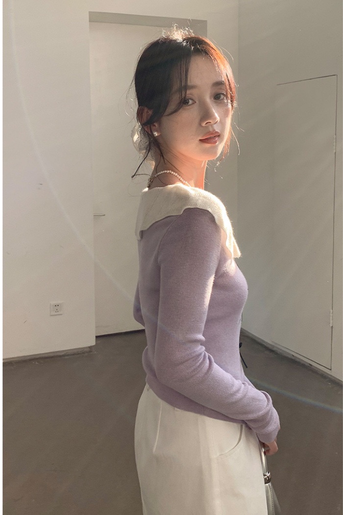 Bow doll collar tops Pseudo-two slim sweater for women